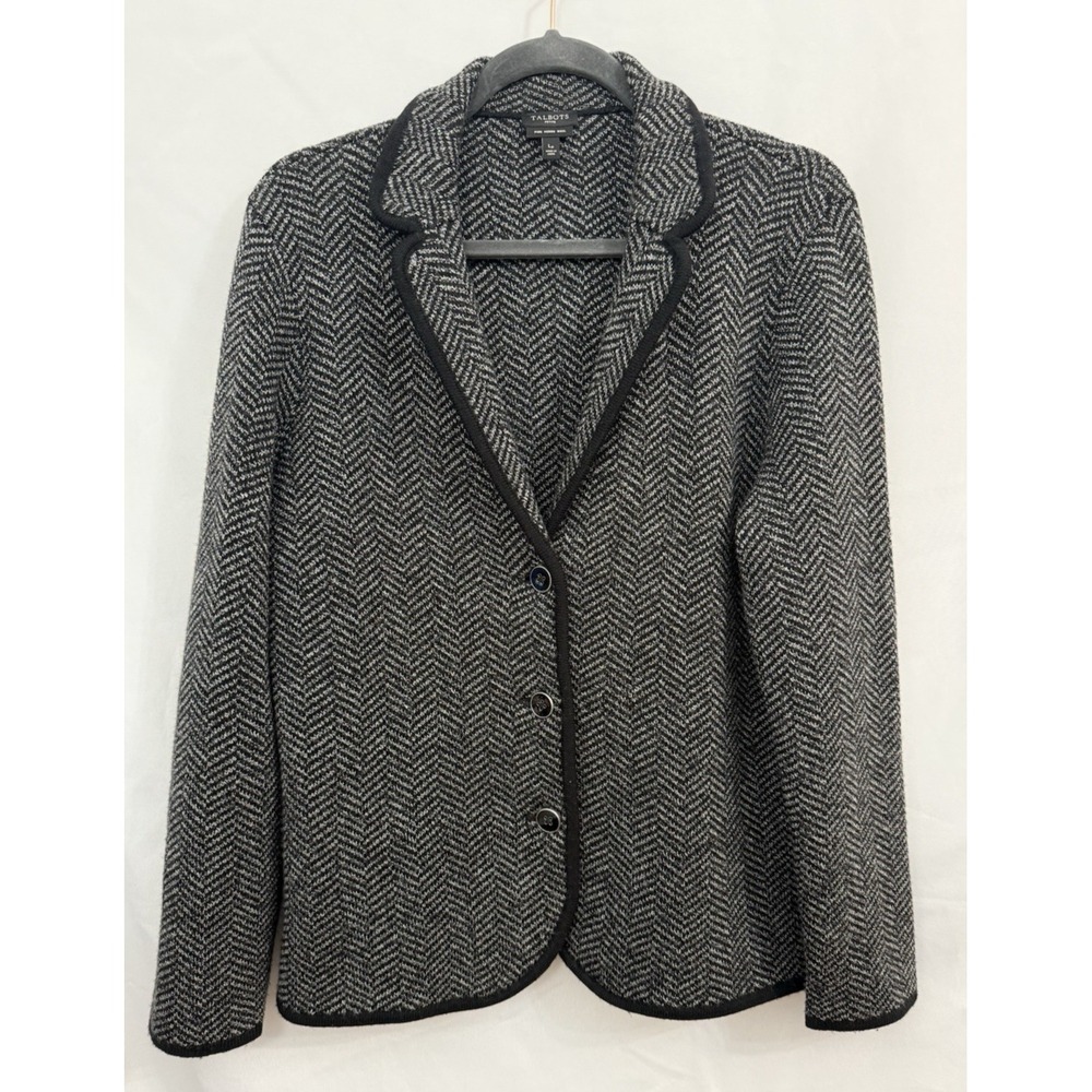 Talbots 100% Merino Wool Black White Cardigan Jacket Knit Womens Size LP Petite